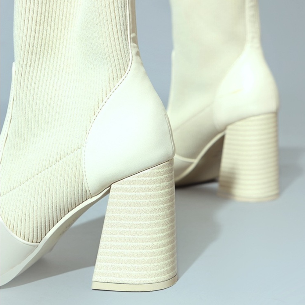 Cream Pointed Toe Block Heel Ankle Boot